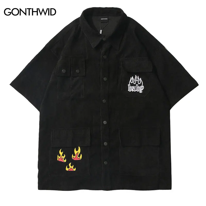 

Men Corduroy Short Sleeve Shirts Vintage Embrodiery Oversized Shirt Blouses 2022 Harajuku Hip Hop Casual Loose Streetwear Shirts