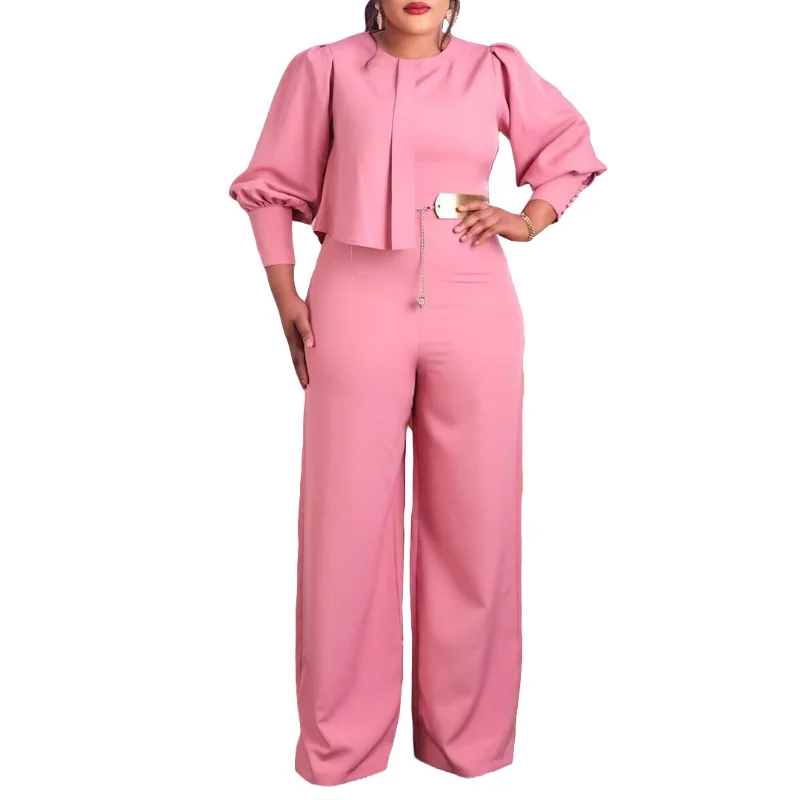 Elegant Women Wide Leg One Piece Jumpsuit Long Sleeve Chic Metal Belt Straight Pants Overalls Rompers Casual Party Office Work