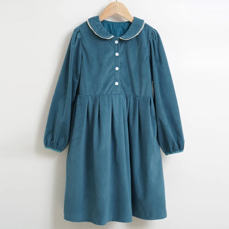 

6 to 16 years kids teen girls corduroy buttoned long sleeve fall winter flare dress children girl fashion solid casual dresses