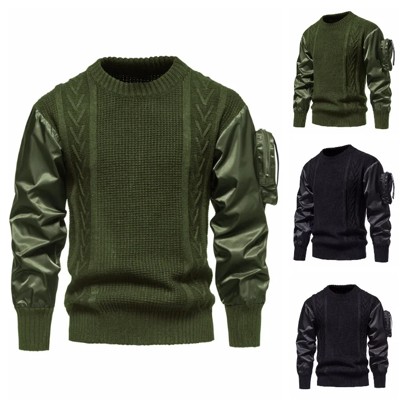 

Мужской свитер на весну и осень, модный вязаный свитер с карманами, мужской облегающий джемпер с длинным рукавом и круглым вырезом, уличная ...