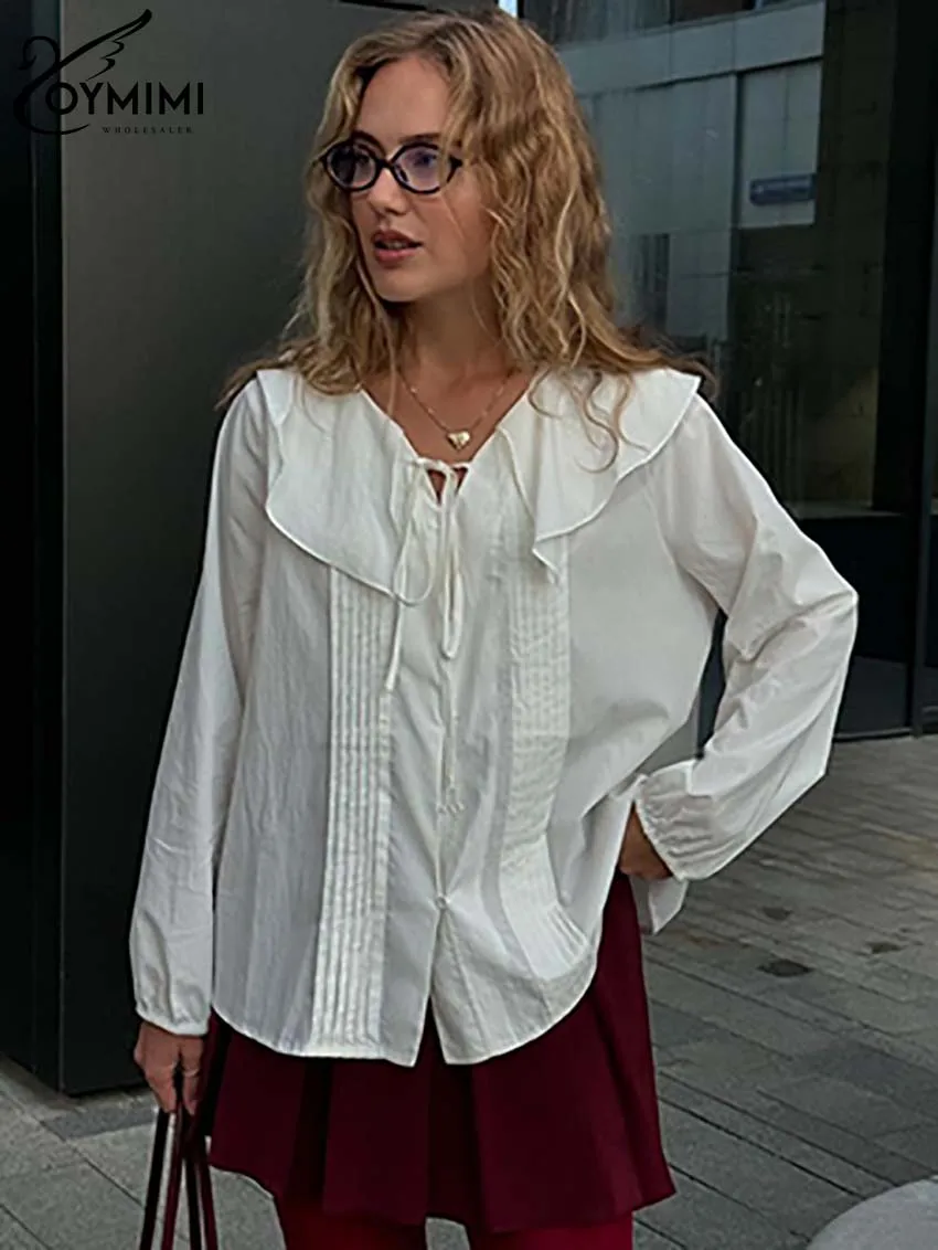 Oymimi модная белая плиссированная женская блузка повседневные рубашки на шнуровке