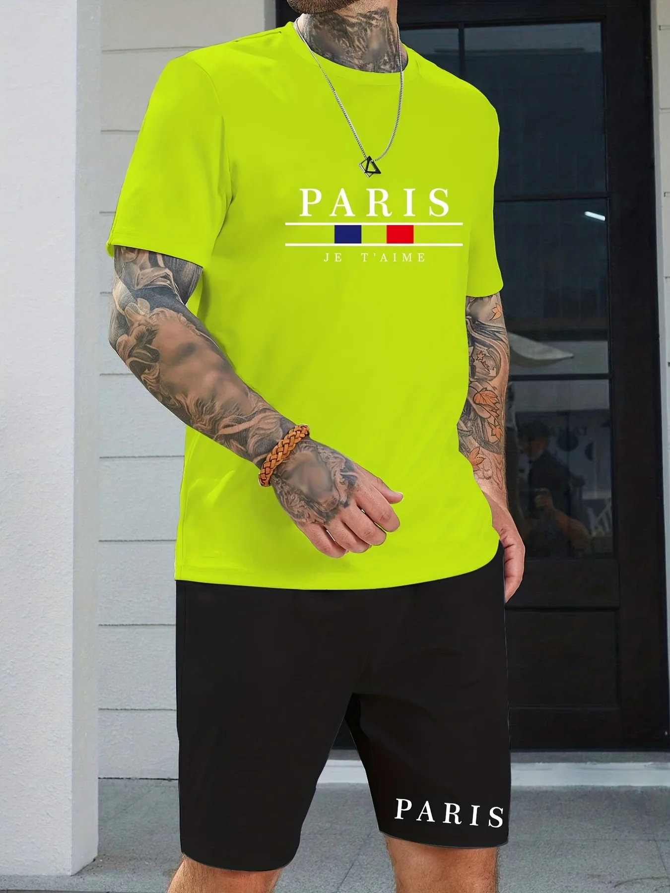 2023 Plus Size Men's Trendy Paris Letters Print T-shirt Shorts Set, Casual Graphic 2PCS Outfits For Summer Sports