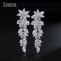 zakol luxury gorgeous marquise cluster flower shape cubic zirconia long dangle drop earrings for brides wedding jewelry fsep005