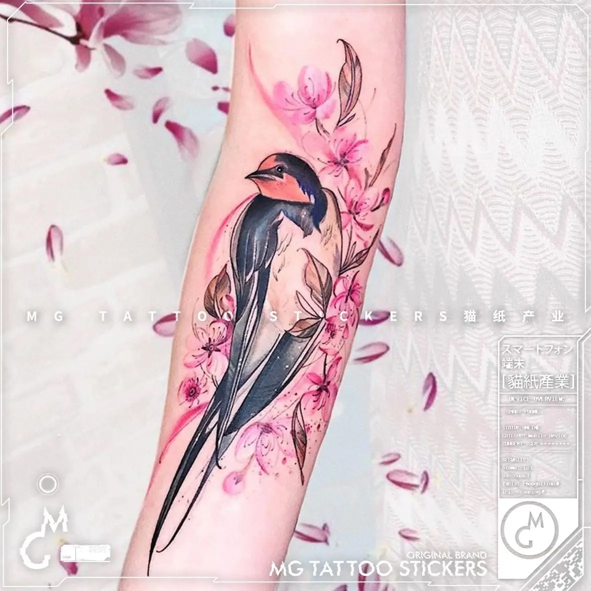 

Водостойкая тату-наклейка в виде птицы, персикового цветка
