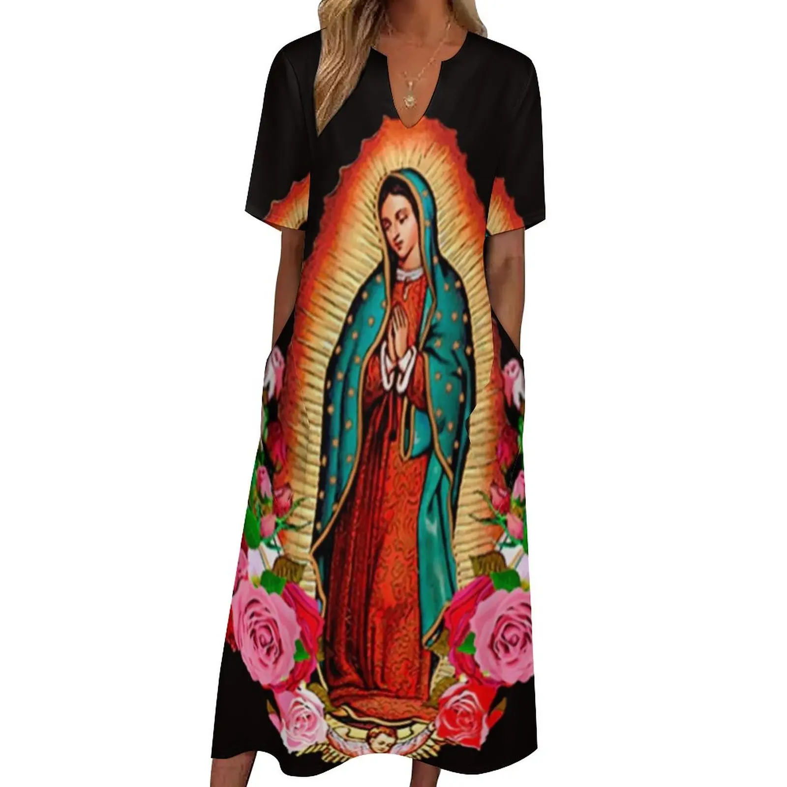 

Virgin Mary of Guadalupe Dress Flower Print Elegant Maxi Dress Street Wear Bohemia Long Dresses Short Sleeve Oversized Clothing
