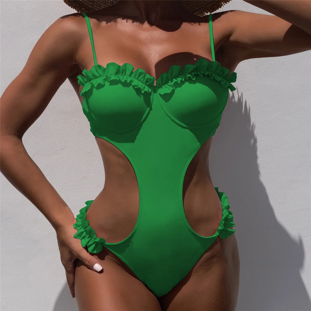 

Sexy Green Ruffled Swimwear One Piece Swimsuits Women 2022 Summer Cut Out Bathing Suit Monokini Swimming Suit Bathers Swim Wear