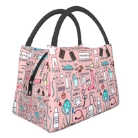 cute pink fresh cooler bags nurse print waterproof oxford cloth portable zipper thermal lunch bags for women lunch food bags