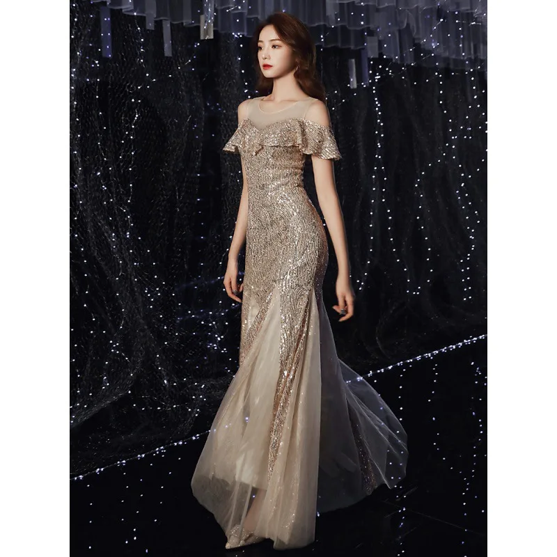 Sequin Dress High End Evening Dress Women 2022 New Temperament Host Champagne Heavy Industry Fishtail Long Style