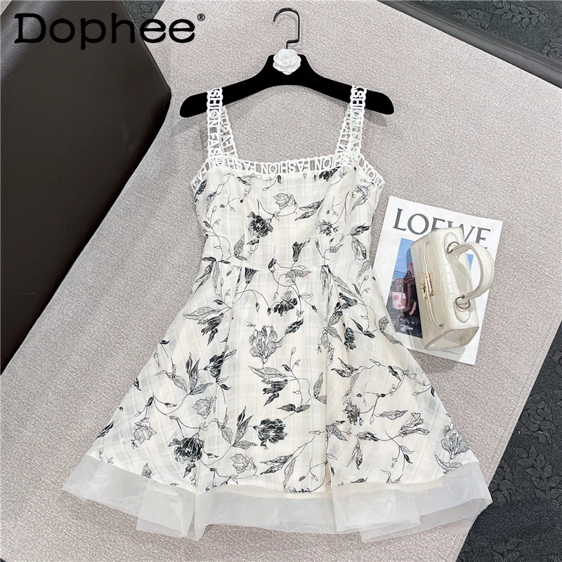 

2022 Summer New Slim Waist Lace Edge Ink Painting Printing Slip Dress for Women