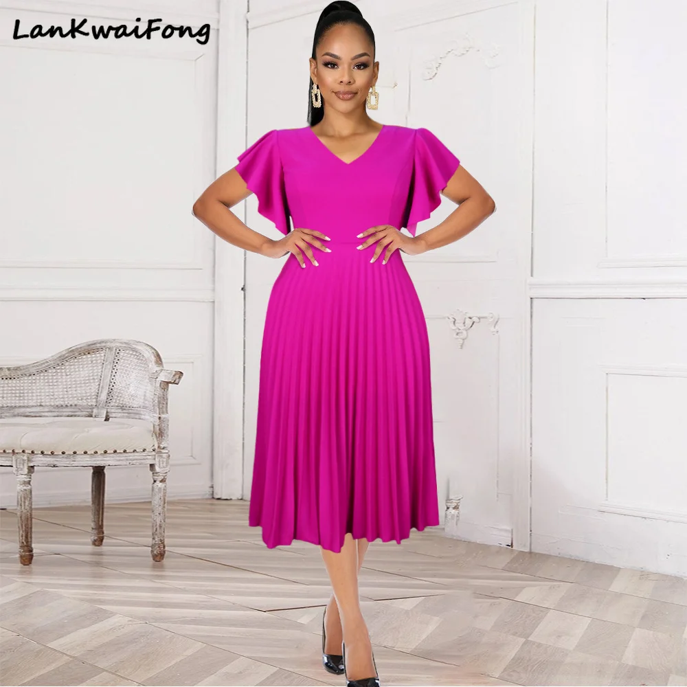 

LKF Temperament Casual Advanced Fabric V-neck Pleated 4XL Dress Female Rose Red Banquet Dress