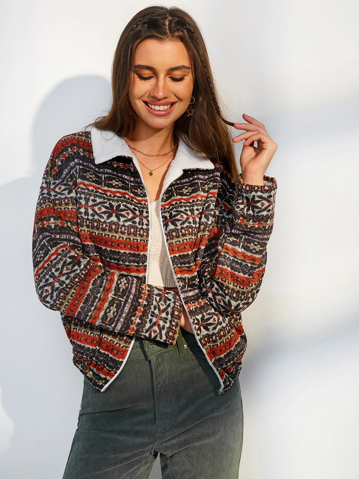 

ZAFUL Faux Fur Lined Tribal Print Jacket Women Ethnic Printed Drop Shoulder Coat Retro Outwear Winter Clothes Female