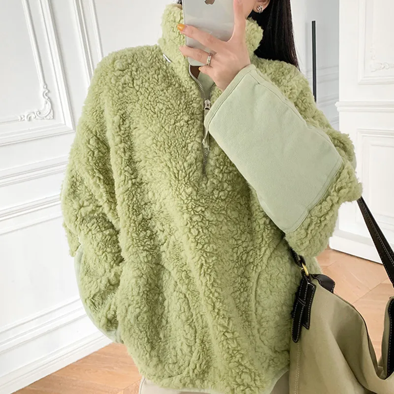 loose women tops Half Zipper Women's Coat Faux Lamb Wool Long Sleeve Stitching Simple Female Jackets Autumn Winte tendy fur faux
