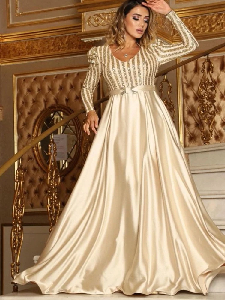 PLEINDI Luxurious Evening Dresses V-Neck Long Sleeves A-LINE Chiffon Floor-Length 2022 New of Sequined Exquisite Prom Dress Wome