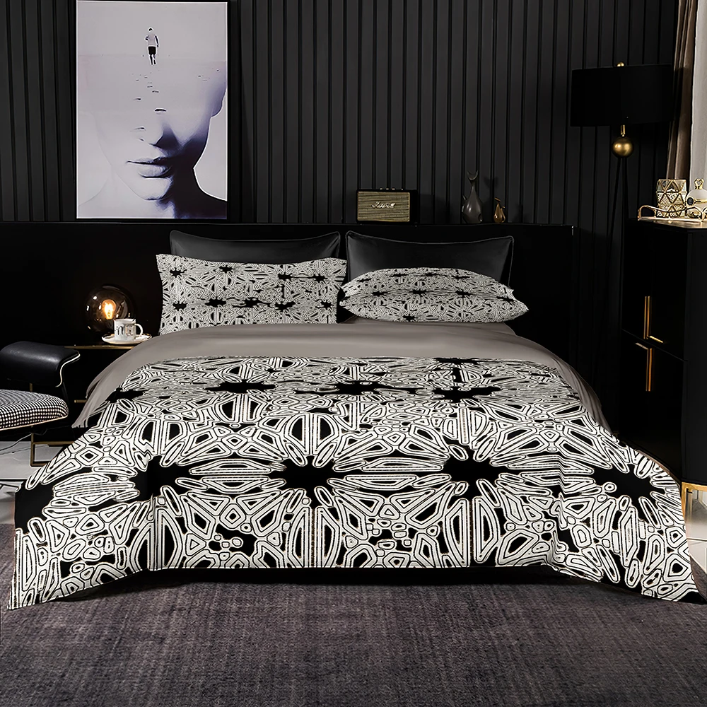 

Black 2/3Set Bedding Set,Luxury Hollow White Print Duvet Cover King Queen Size,High Quality Set with Pillowcase for Home Textile