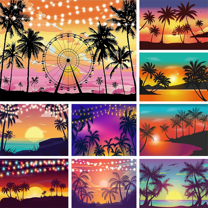 

Sunset Beach Ferris Wheel Backdrop Seaside Music Festival Coachella Photo Background Tropical Hawaii Holiday Party Decorations