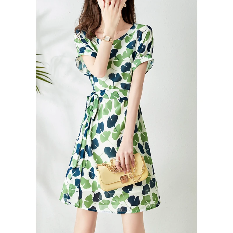 

Летнее женское свободное платье средней длины с коротким рукавом, повседневное модное платье с принтом и круглым вырезом, с поясом Movafag