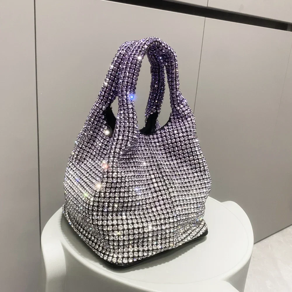 

Evening Designer Hobo Bucket Bag Purses And Handbag Shiny Bag Crystal Rhinestones Purse Clutch Handle Clutch Bag Luxury Shoulder