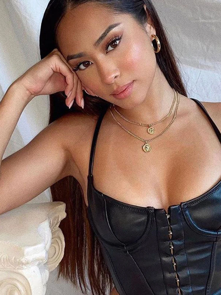 

Женский кожаный корсет Kalevest Y2K Trashy, топы, черные феи, гранж, женские топы, кибер тонкие лямки, Топ Gyaru, одежда для женщин 2000s