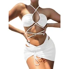 Женский комплект бикини с треугольным вырезом FS, однотонный плиссированный купальник из 3 предметов, купальный костюм с лямкой на шее и мини-юбкой на шнуровке, 2022