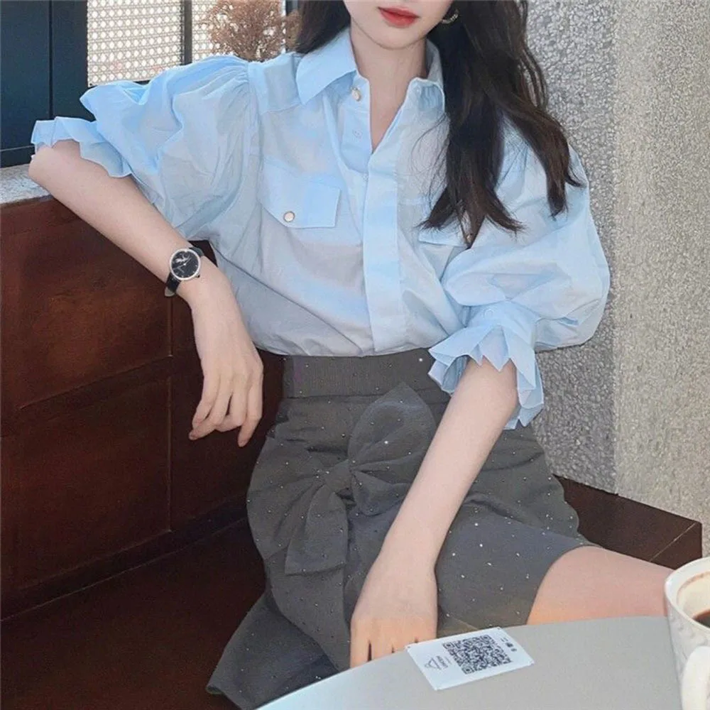 

Рубашка женская с коротким рукавом, милый тонкий топ свободного покроя, элегантная шикарная блузка в Корейском стиле, французская одежда, голубая, на лето