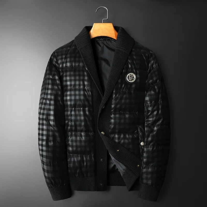 

Contrasting Color Knitted Stitching Plaid Duck Down Jacket Top Quality Vintage Men Clothing 90% Lapel Coat