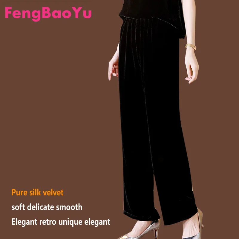 Fengbaoyu Silk Velvet Lady Autumn and Winter Straight Tube Trousers Elastic Waist Black Joggers Women Streetwear Baggy Pants 5XL