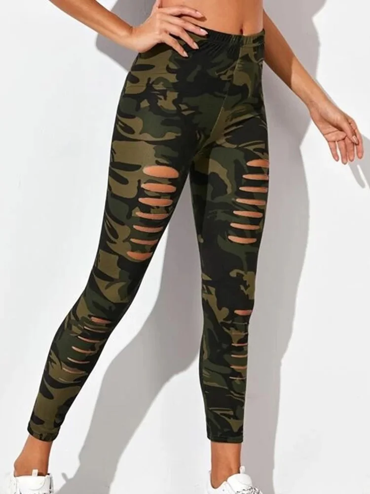 

Summer Cutout Ripped Camouflage Printed Leggings Slim Stretch Trousers Army Green Leggins Sexy Pants