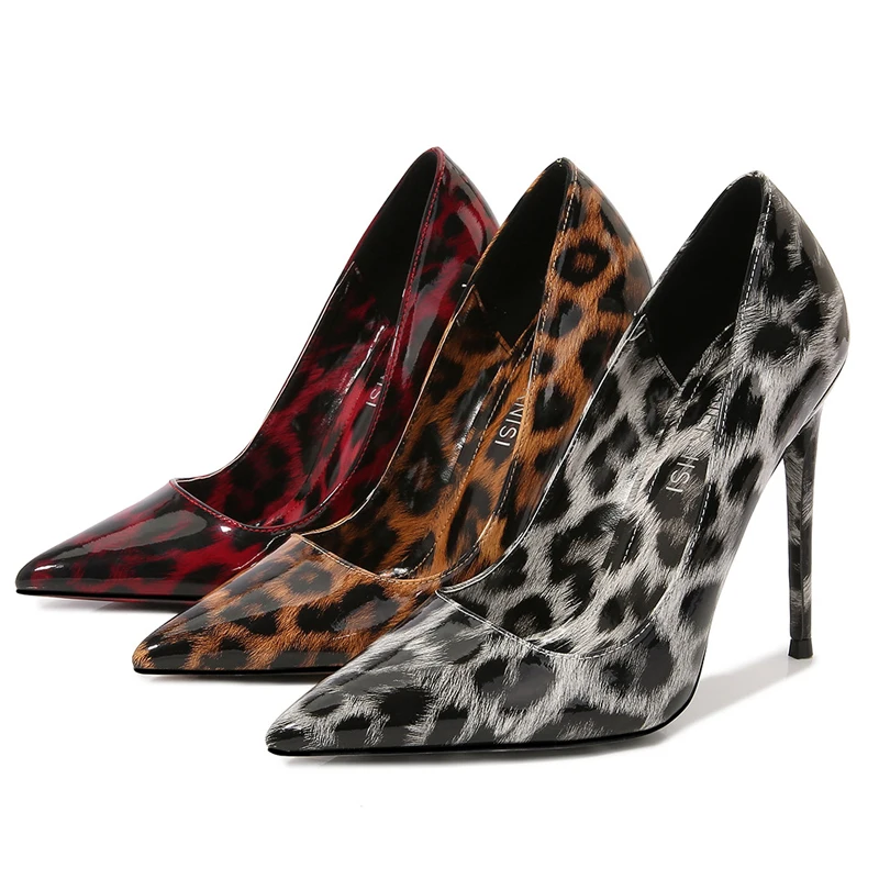 

Туфли женские с леопардовым принтом, высокий тонкий каблук 12 см, заостренный носок, встроенный металл, пикантные туфли-лодочки без застежек, Размеры 35-46, летняя обувь