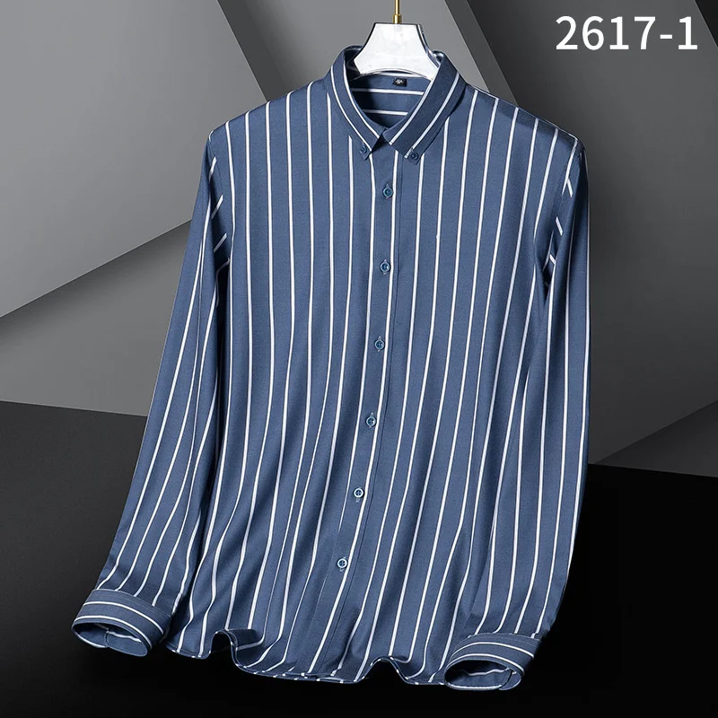 Spring Striped Shirt Men's Long Sleeve Elastic Slim Fitting Business Light Luxury Men's Shirts