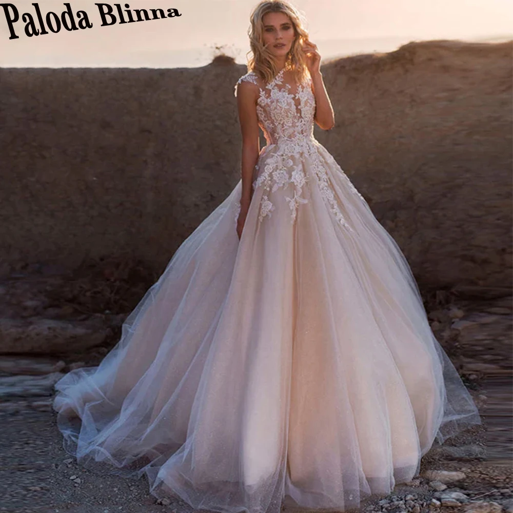 

Paloda Princess Ball Gown Wedding Dresses 2023 Bride Glitter Tulle Pleat O-Neck Sleeveless Button Court Train Vestidos De Novia