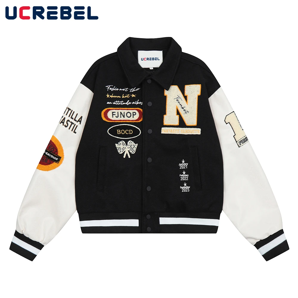 Spliced Sleeves Varsity Jacket Mens Winter Casual Letter Embroidery Baseball Uniform Streetwear Loose Lapel Jacket Outerwear Men