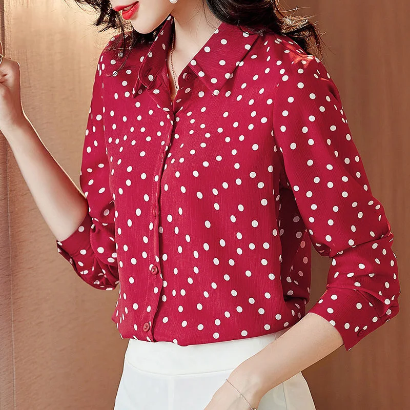Fashion Lapel Button All-match Printed Polka Dot Shirt Women's Clothing 2023 Spring New Casual Tops Loose Office Lady Blouse