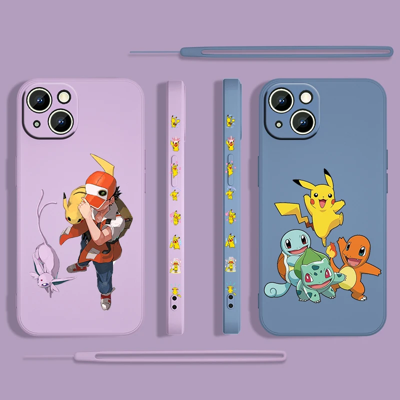 

Pikachu Boy Cute Cartoon For Apple iPhone 13 12 Mini 11 Pro XS MAX XR X 8 7 6S SE Plus Liquid Left Rope Phone Case Cover Coque