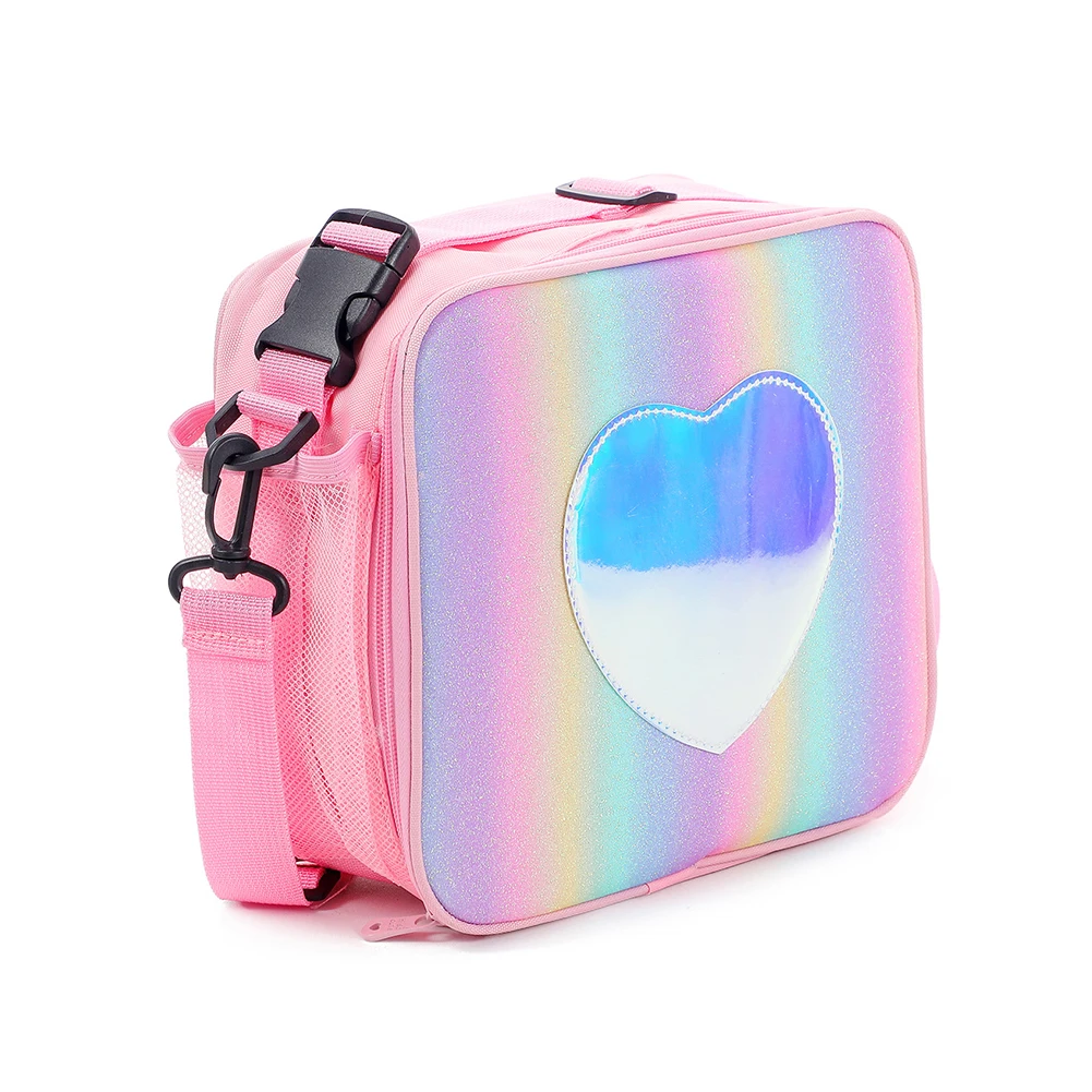 

Rainbow Loving Heart Laser Lunch Bag Portable Bento Pouch for Children Thermal Insulated Lunch Box Picnic Storage Shoulder Bag