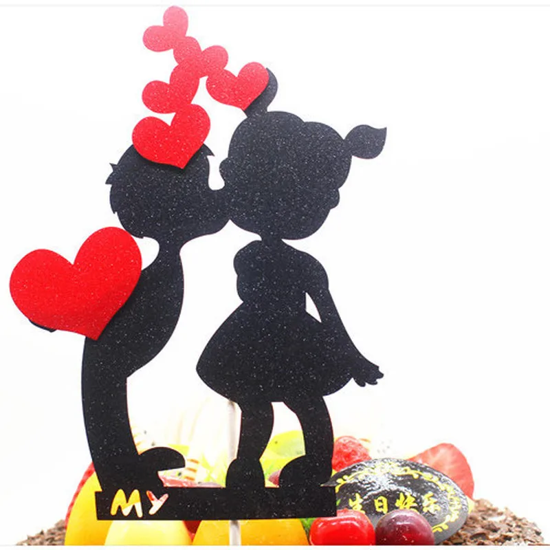 Топпер для торта черный мальчик и девочка с красным сердцем свадебная бумага