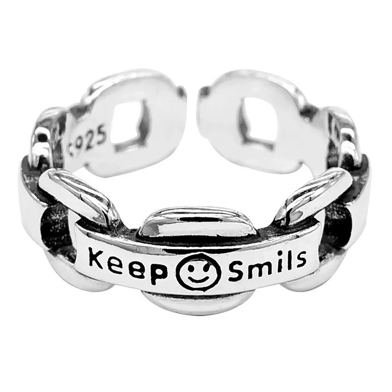

Smile Ring Plating Silver Rings for Women Letter Smiley Ring English Retro Men Ring Resizable Ring Jewelry Valentine Day Gift