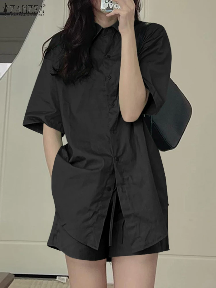 

Комплект ZANZEA женский из двух предметов, модный топ с коротким рукавом и шорты, повседневный свободный костюм с эластичным поясом, костюм-дво...