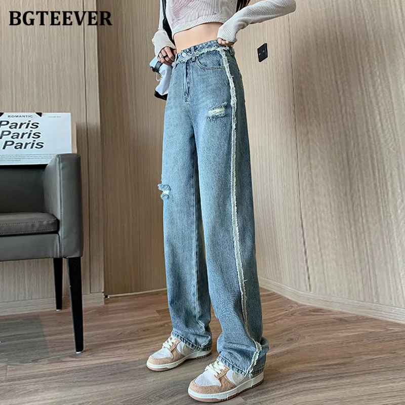 

BGTEEVER Chic Fashion Ladies Ripped Holes Wide Leg Jeans Pants 2023 Summer High Waist Loose Female Floor-Length Denim Trousers