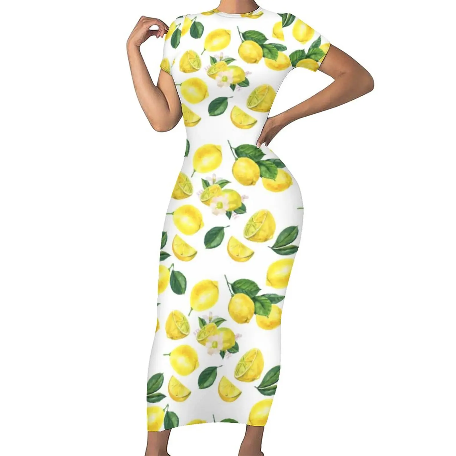 

Yellow Lemon Print Dress Short Sleeve Watercolor Fruit Street Style Maxi Dresses Vintage Bodycon Dress Design Oversized Vestido