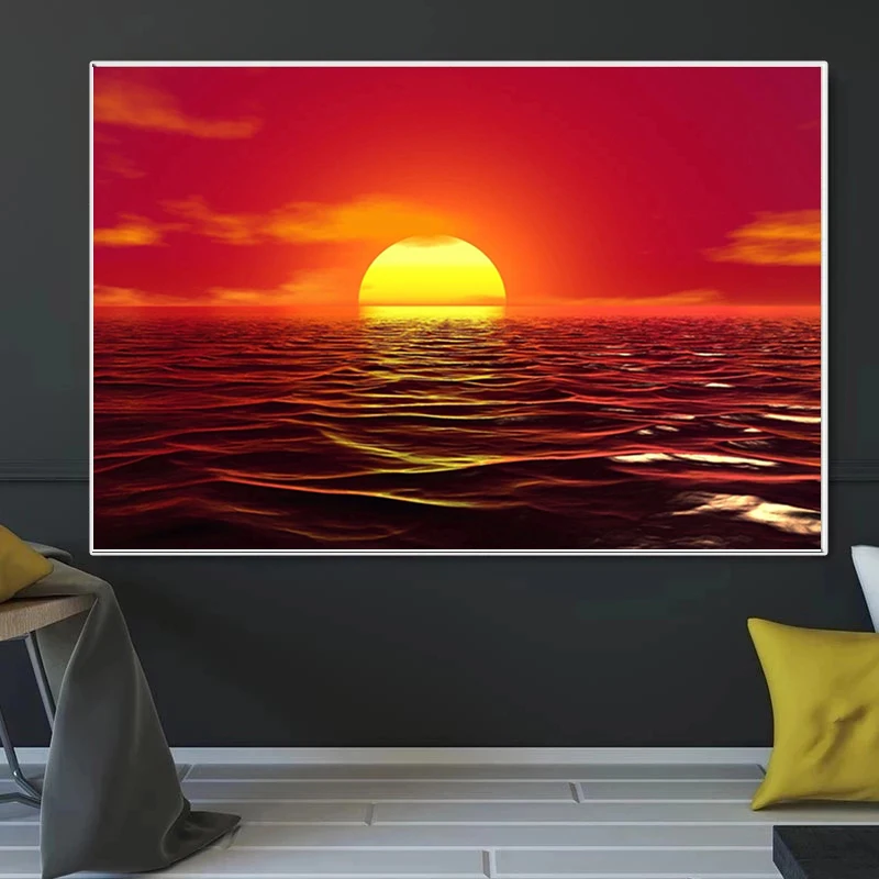 Красное небо Закат над океаном ландшафт солнце пейзаж холст фотопечать