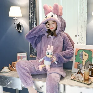 Disney cartoon Mickey Minnie Daisy flannel pajamas women's winter long sleeve hooded loose warm thickened cartoon Sweet Home set