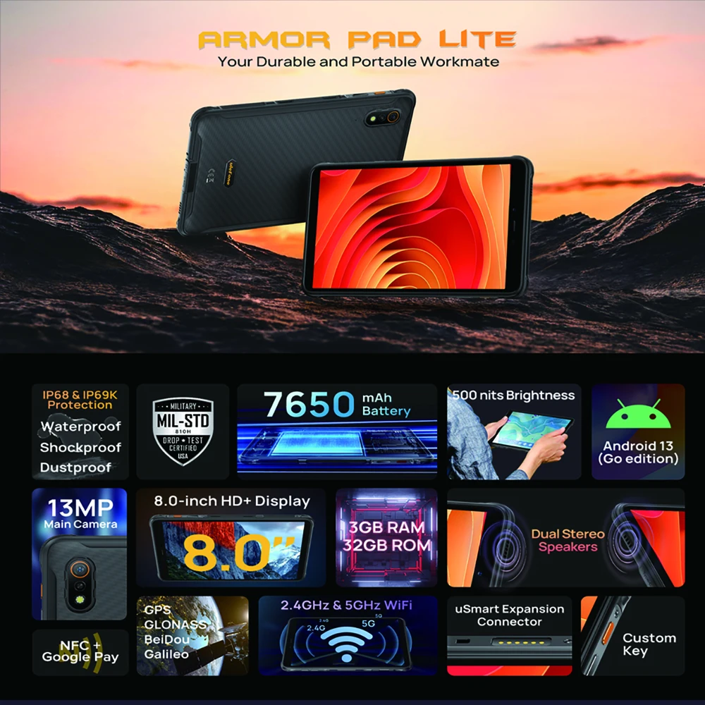 Планшет Ulefone Armor Pad Lite 8&quot 3/32ГБ Wi-Fi+5G Android