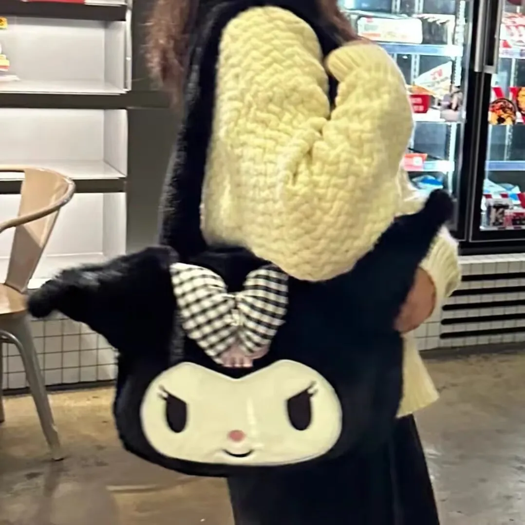 

Sanrio Large Capacity Kuromi Plush Kawaii Backpack Autumn And Winter Style Travelling Bag Single Shoulder Bag Student Handbag