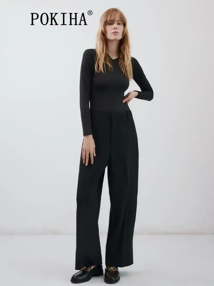 

Pokiha Модные женские элегантные прямые широкие брюки с боковыми карманами повседневные винтажные женские брюки с высокой талией на молнии