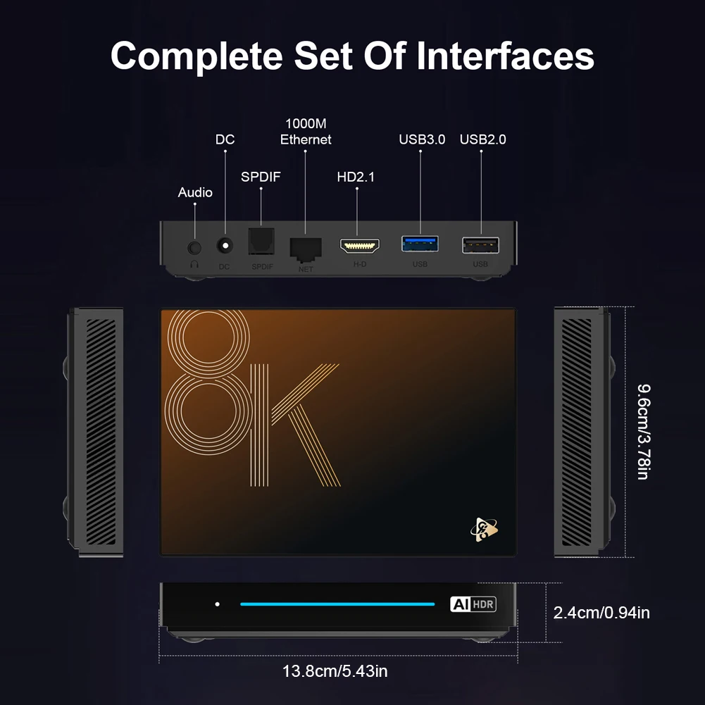Set Top Box Android 14.0 WiFi 6 BT 5.4 Восьмиядерный процессор 4/8 ГБ ОЗУ 32/128 ПЗУ HD медиаплеер 8K AV1