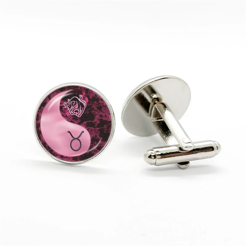 

Handmade Fashion Simple Disign 12 Zodiac Signs Cufflinks Horoscope Glass Cabochon Cufflinks Men Shirt Accessories