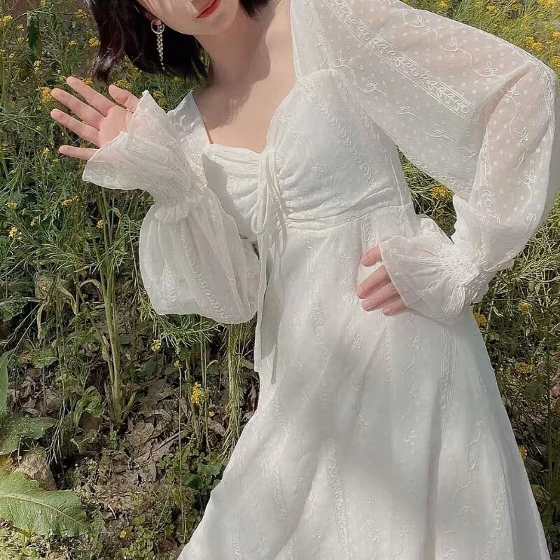 

White Princess Elegant Fairy Dress Women Korean Long Sleeve Chiffon Vintage Midi Autumn 2022 High Waist Casual Clothes