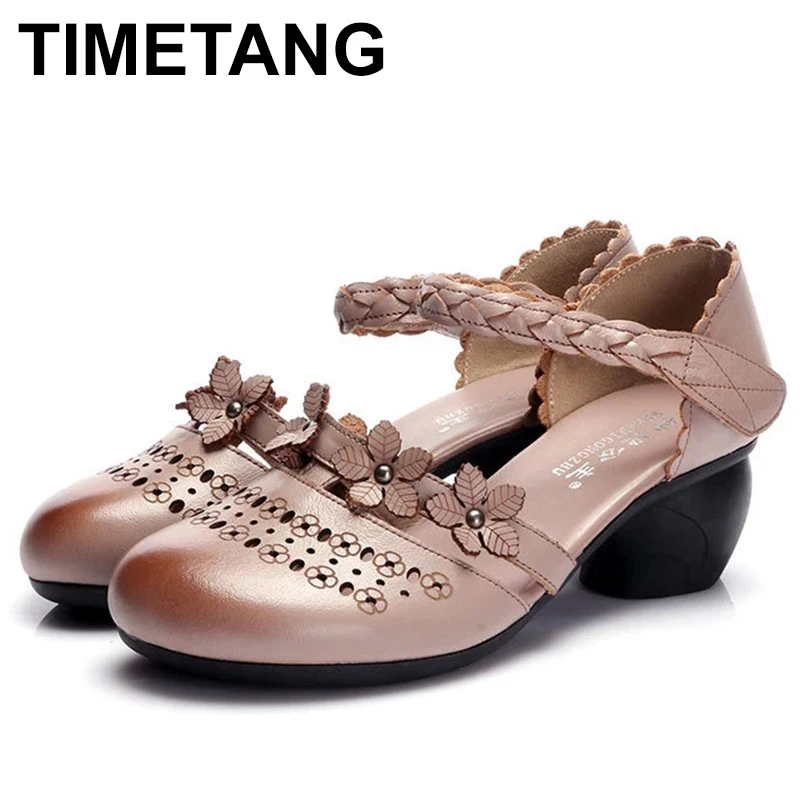 

Сандалии из натуральной кожи с мягкой подошвой, удобные босоножки с круглым носком и цветком, в ретро стиле, подарок для матери, лето 2023