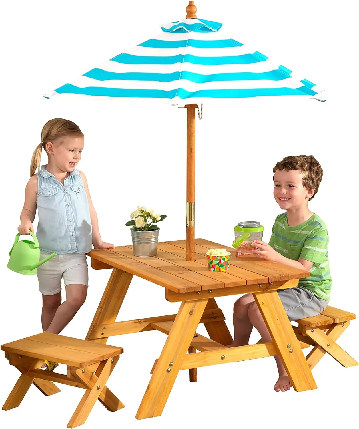 Wooden Table & Bench Set with Striped Umbrella, 's Backyard , Turquoise and White, Gift for Ages 3-8, Exclusive