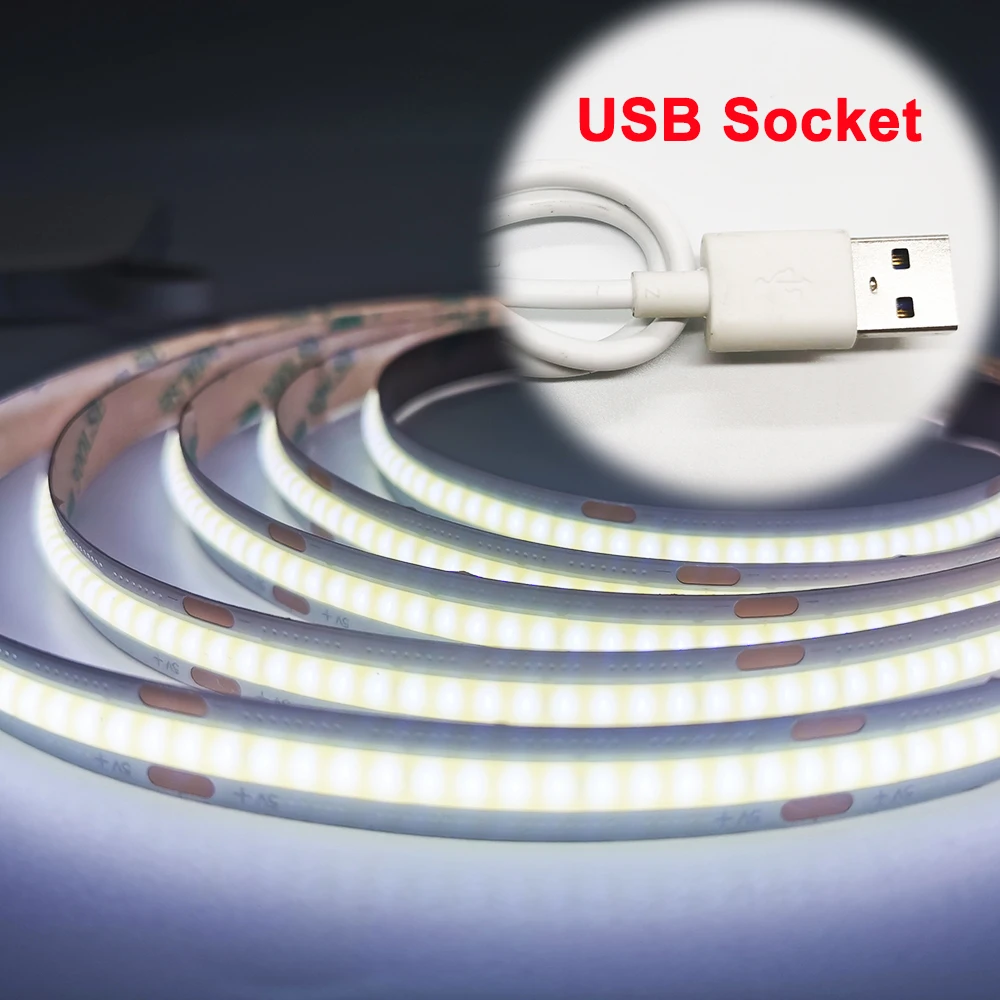 Полосковый светодиодный светильник DC5V USB COB High Density Linear Lighting 328 светодиодов/м FOB гибкий 10 мм диммируемый тейп 3000K/4000K/6000K RA90 0,5 м - 2 м включенный.